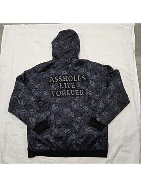 EUC Mens LARGE Assholess Live Forever Skull Paisley Puffer Coat Black AOP Jacket